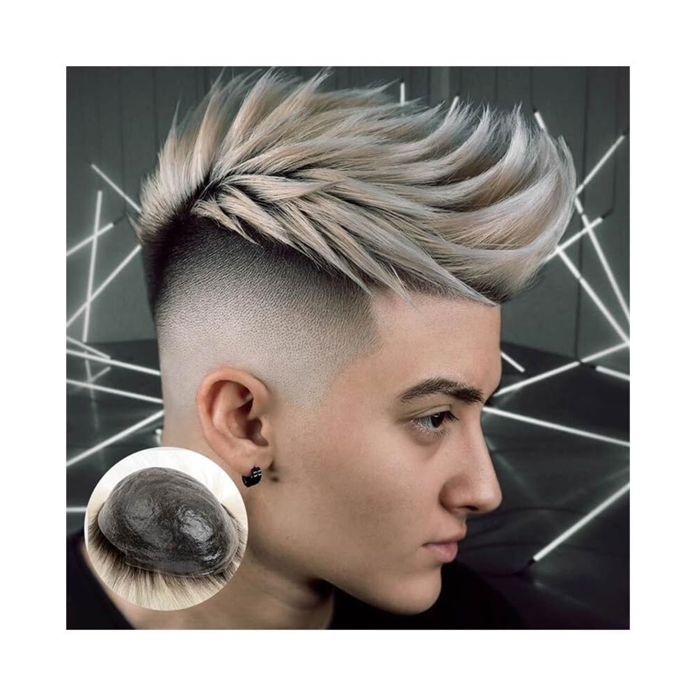 Toupet für Männer 0,08 mm dünnes Haut-Toupet-Haar for Männer, Echthaar-Haarteil for Herren, schwarze Wurzeln, Ombre, Platinblond, PU-Basis, glattes Haarersatzsystem Herren-Toupet(7x10)