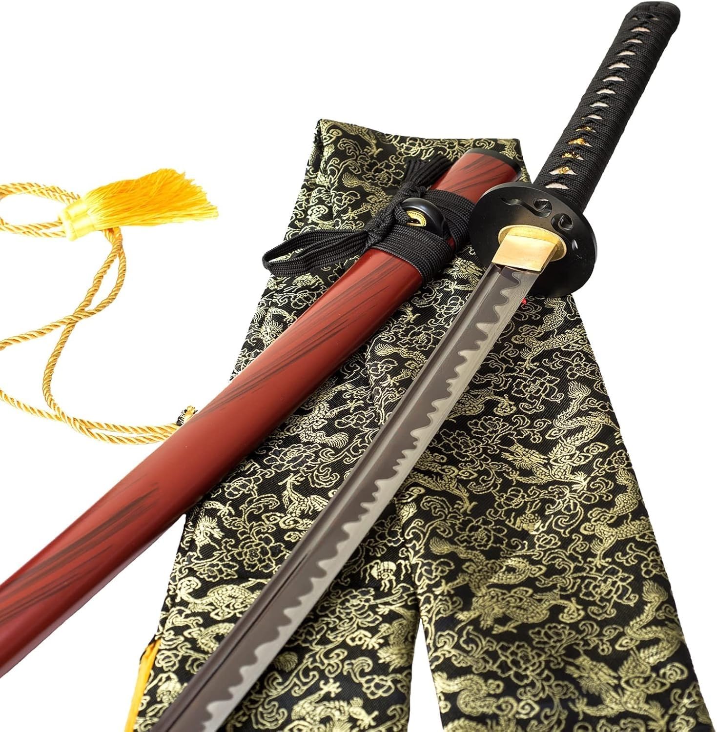 MAUXpIAO 40 Zoll handgeschmiedetes japanisches Samurai-Schwert Full Tang 1060 Kohlenstoffstahl Eisen Tsuba geschmiedet gefaltet roter Damaststahl echtes Katana-Schwert echt/C/70.5cm