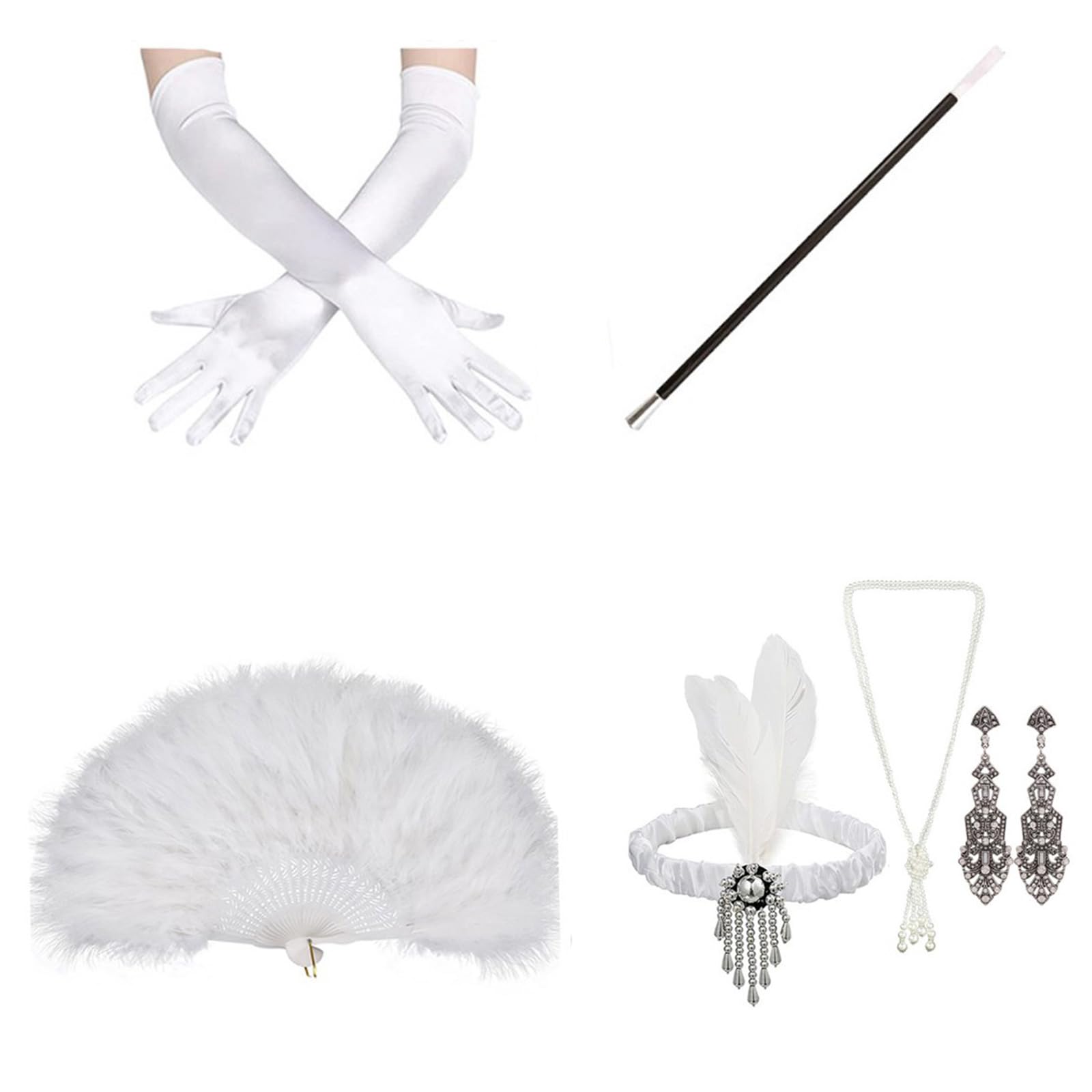 Aurgiarme 1920er Jahre Gatsbys Zubehör-Set für Damen, brüllende 20er-Jahre Zubehör, Flapper-Kostüm mit 20er-Jahre-Stirnband, Halskette, Handschuh, Ohrring, 1920er-Jahre-Kostüm-Zubehör-Set für Herren