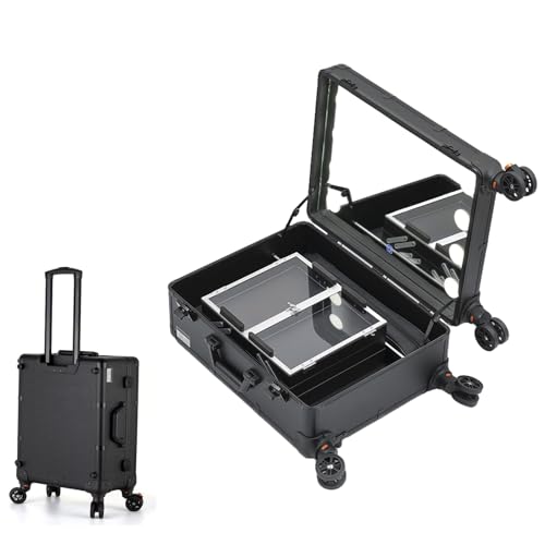 Kosmetik Trolley Rollkoffer Schminkkoffer mit 360° drehbaren, Schminkspiegel Kulturbeutel Organizer mit Kosmetikspiegel, Premium Kosmetiktasche, Make Up Tasche Cosmetic Case Trolley (Size : A)