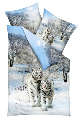 JACK by Kaeppel Mako Satin Digitaldruck Bettwäsche 2 TLG. Schnee Tiger Raubkatze Winter Schnee Wald Hellblau Weiß, Größe:155x220cm Bettwäsche