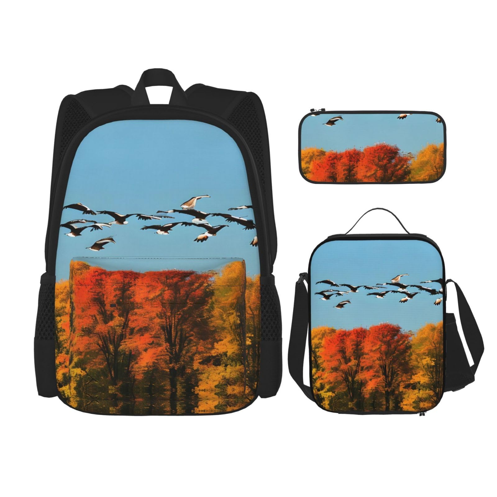 WURTON Jagd fliegende wilde Enten und Baum Druck Reise Lunchbox Federmäppchen Rucksack Set 3 Stück verstellbare Träger leicht