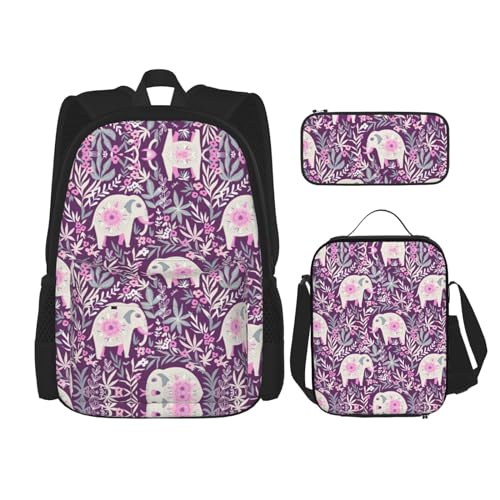 WURTON Schulrucksack-Set mit Blumen-Elefanten-Druck, 3-in-1, Büchertasche, Set mit Lunchbox, Federmäppchen, Reise, Laptop, Tagesrucksack