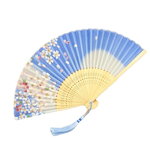 Dekorative Faltfächer, chinesischer und japanischer Vintage-Fächer aus Bambusseide, Handfächer mit Blumenmuster, Handfächer mit Quaste für Partydekoration, Geschenk, Handfächer (Farbe: Blau C)