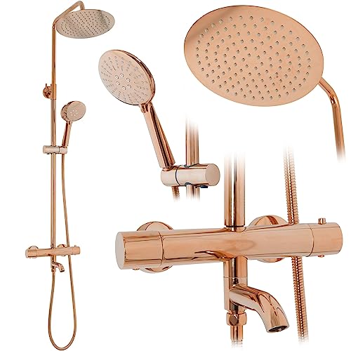 Rea Duschsystem mit Thermostat Lungo Rose Gold Duschset Duscharmatur mit Duschkopf und Kopfbrause aus Messing Duschgarnitur für Badezimmer (Rose Gold)