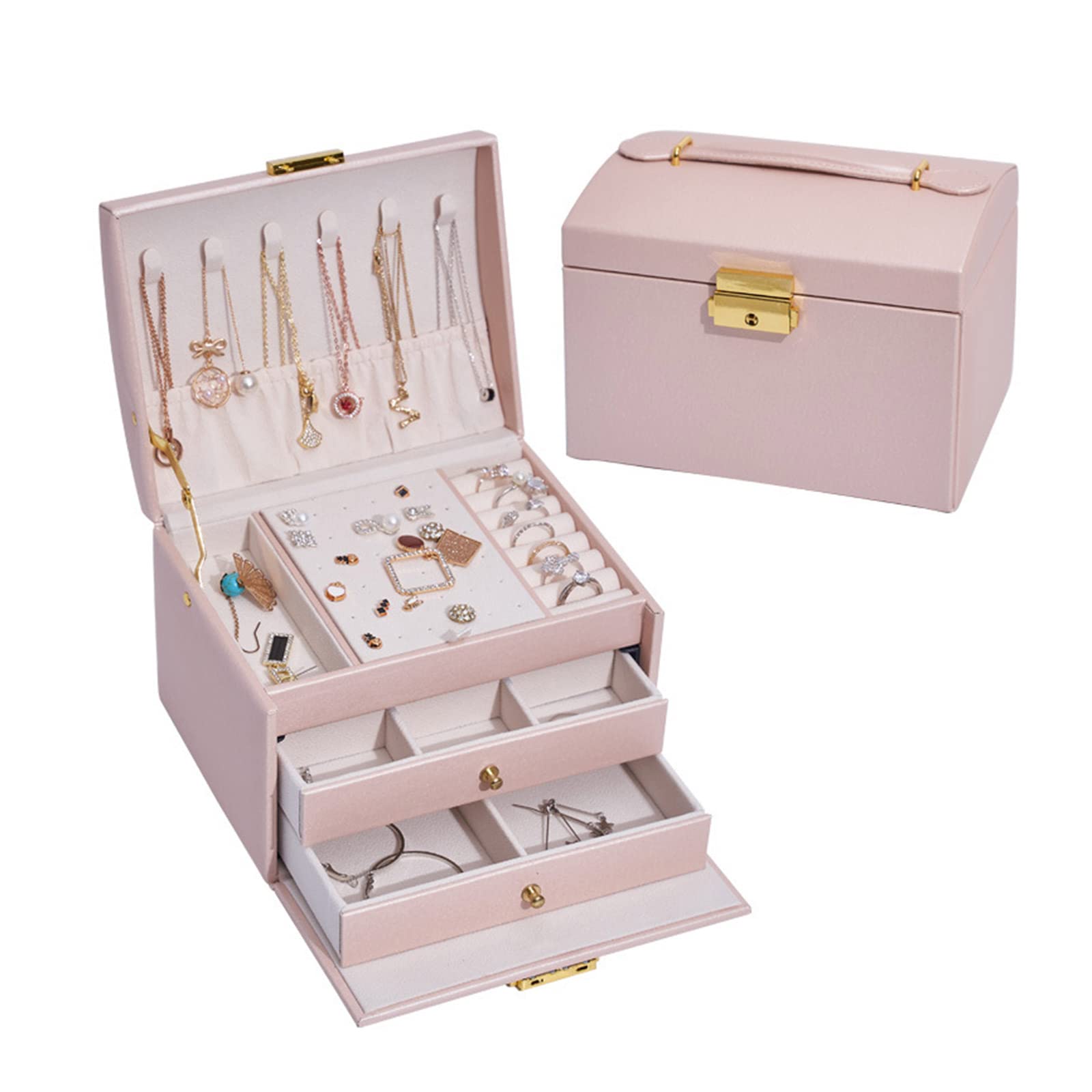 Btgghytr 3-lagige Schmuck-Aufbewahrungsbox mit Schloss, tragbar, Reise-Schmuck für Damen, Schmuckschatulle, Ohrringe, Halskette