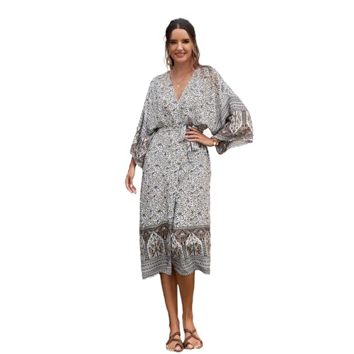 Uitndvyte Damen-Kimono, Bohemian-Blume, vorne offen, lässig, lockeres Oberteil, Strandkleid mit Gürtel