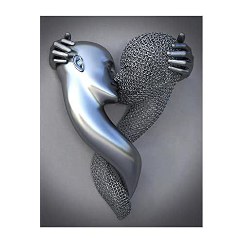 3D Bild Paar love heart 3d effect wall art, Liebe Herz 3D-Effekt Grau-Kunst Wand, Abstrakte Metallfigur Skulptur Wandbilder Wanddeko Wohnzimmer,C,60x80cm No Frame