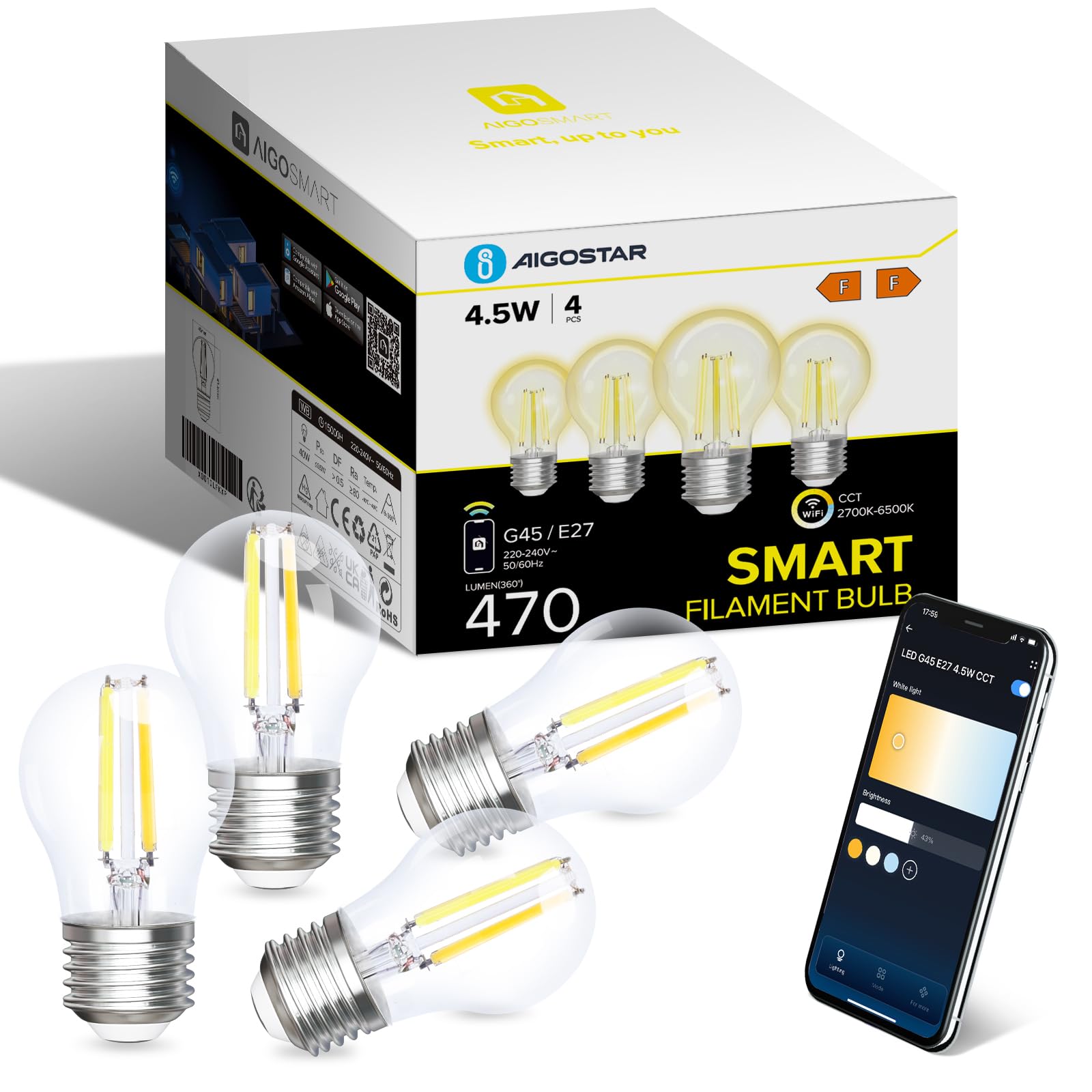 Aigostar Alexa Glühbirne E27, Smart LED Vintage Lampe, Smarte Glühbirne G45 Transparent Globe, 4.5W 470LM, Warmweiß Dimmbar 2700K -6500K, Kompatibel mit Alexa und Google Home, 4 Stücke