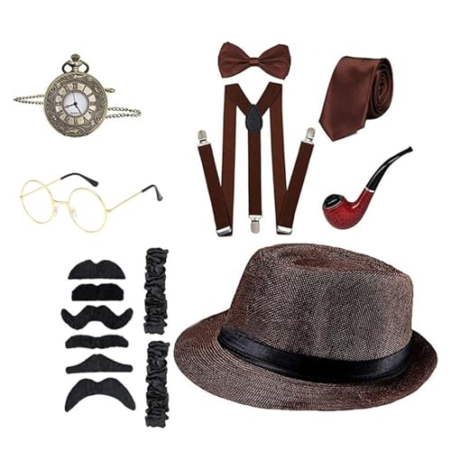 HDKEAN Modisches Gangster-Kostüm, 1920er-Jahre-Kostüm, Outfit mit Taschenuhr, Schnurrbärte, Fliege, Abschlussball, Partyzubehör, Maskeraden, Partyzubehör