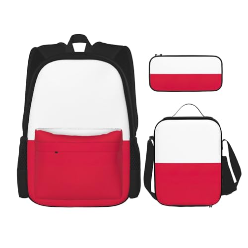 WURTON Trendige Rucksacktaschen mit polnischer Flagge, Lunchbox, Federmäppchen, 3-in-1, verstellbares Rucksack-Set, Schwarz, Einheitsgröße, Schwarz , Einheitsgröße