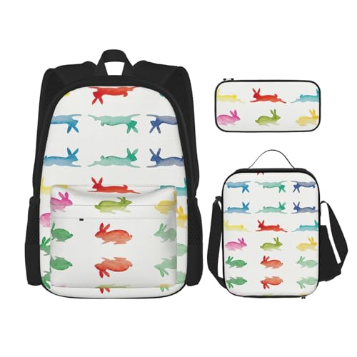 WURTON Rucksack mit Regenbogen-Kaninchen-Aufdruck, 3-in-1, Büchertasche, Set mit Lunchbox, Federmäppchen, Reise, Laptop, Tagesrucksack