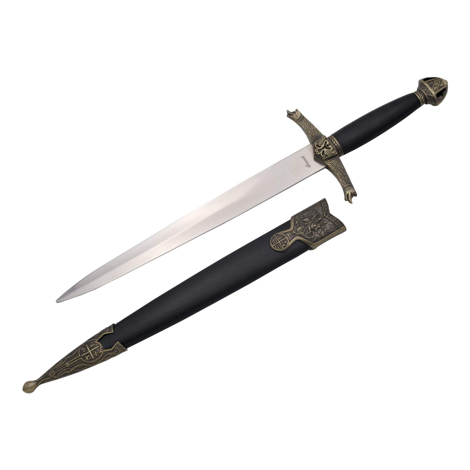 Amont Dolch Lancelot 13291, Bronzeknopf und -Schutz, schwarzer Griff, inoffizielle Replik, insgesamt 40 cm mit Stahlklinge, schwarzer Pod mit Bronzeveredelung