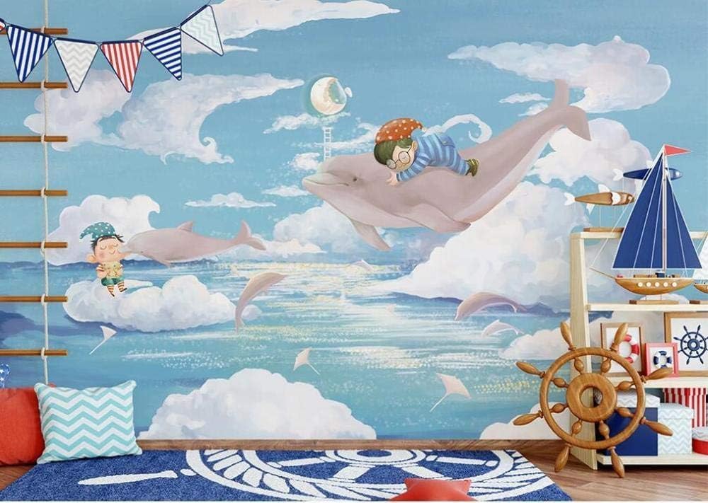 Cartoon Delphine Weiße Wolken 3D Tapete Poster Restaurant Schlafzimmer Wohnzimmer Sofa TV Dekorative Wand-200cm×140cm