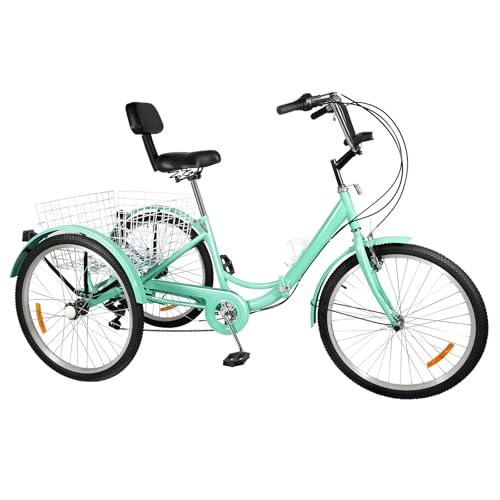 24 Zoll Dreirad Erwachsene 7 Gang 3-Räder Fahrrad BikeMit LED Licht Gemüsekorb Becherhalter Mit Korb Tricycle Höhenverstellbarer 3 Räder Fahrrad für Outdoor-Aktivitäten Belastbarkeit 120 Kg (Grün)