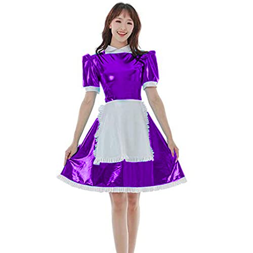 Übergröße Sommer Kurzarm Minikleid Rücken Reißverschluss Kleid Plissee Vestido Tanzen Clubwear mit Schürze, Lila, XS