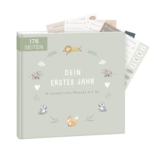 mintkind® Babyalbum "Mein erstes Lebensjahr" Salbei + Sticker Set | Baby Fotoalbum zum Selbstgestalten | Baby Geschenk für Mädchen und Junge | Babybuch zum Eintragen | Baby-Tagebuch ab 0 Monate