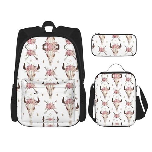 WURTON Schulrucksack-Set mit Tribal Stier-Totenkopf auf weißem Druck, 3-in-1 Büchertasche-Set mit Brotdose, Federmäppchen, Reise, Laptop, Tagesrucksack