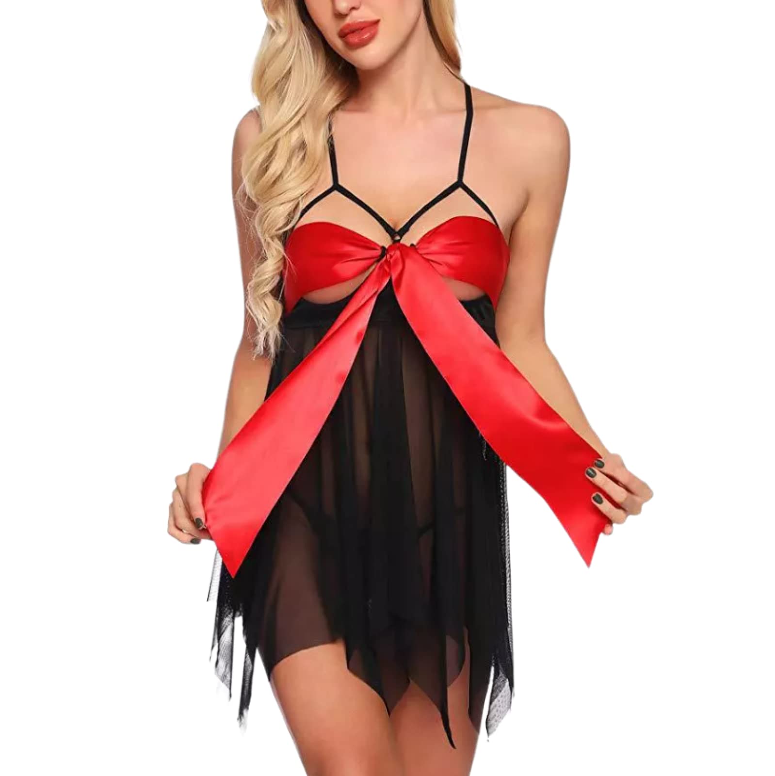 Damen Reizwäsche Teddy Unterwäsche Sexy Damen Mesh Sling Bow Pyjamas Schwarz S