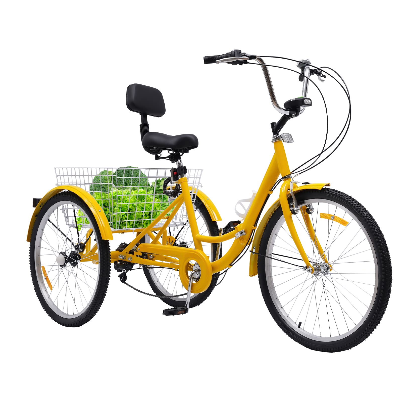 MIIWWOWO 24 Zoll Dreirad für Erwachsene Dreirad Fahrrad Erwachsene Dreiräder Fahrrad mit 3 Rädern für Erwachsene, 7 Gang Dreirad Klappbar Tricycle for Adults mit Korb & Licht (Gelb)