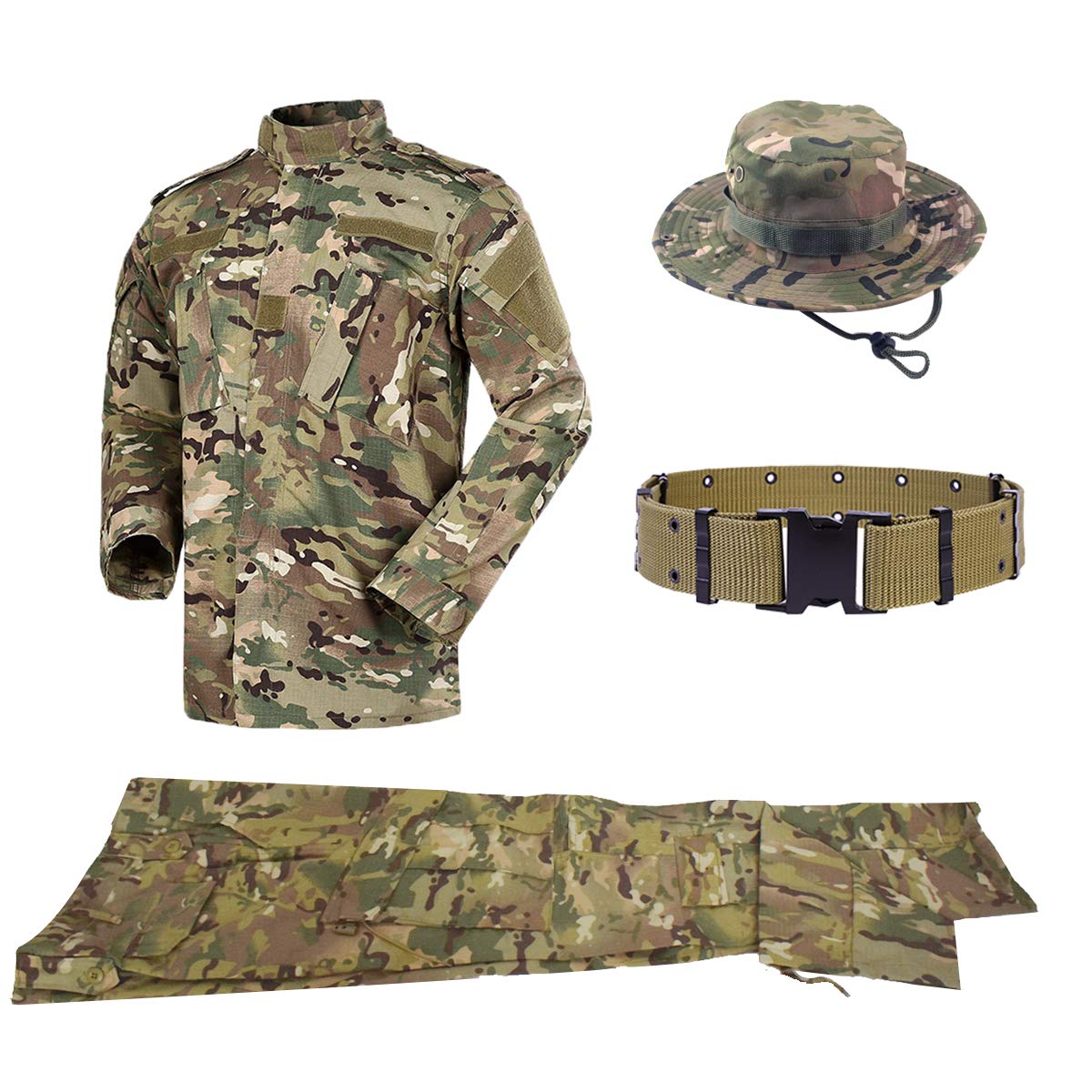 QHIU Taktischer Uniformen Herren Jacke&Hose Stück Sets mit Gürtel&Boonie Hat Military Combat BDU Camo für Airsoft Paintball Swat Camping Outdoor-Sportarten