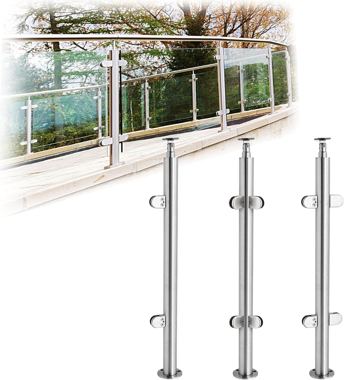 Glasbalustradenpfosten hoch 110 cm/90 cm für 10 mm/12 mm Glas, Außengeländer aus Edelstahl für den Innenbereich, mit Glasklemmen und Gummi-Set, A, Eckpfosten 110 cm/43 Zoll