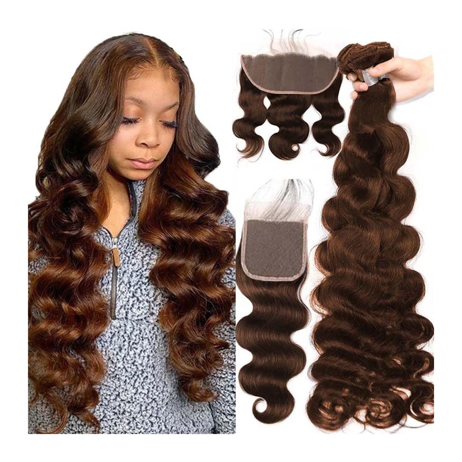 Human Hair Bundles Haar Brasilianische Körperwelle 3 Bundles Mit Verschluss Körperwelle Brasilianische Menschliche Haarwebart Bundles Mit HD Spitze Verschluss Braun #4 Farbige Weben Extens human hair