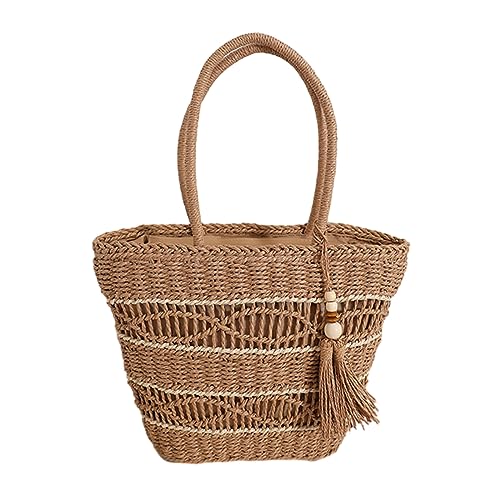 ohodhmnu Damen Tragetasche, 2023 Neue Eimertasche Vintage Quaste Schultertasche Aushöhlen Tasche Gewebt Strandtasche Vielseitige Handtasche für Frauen Mädchen, coffee, with ribbon