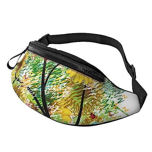 HSJFS Runner Bull Skull Printed Sports Crossbody Waist Bag Casual Chest Bag, Blumenbaum mit Gänseblümchen, Sonnenblumen, Schmetterlingen, Marienkäfern, Insekten, Einheitsgröße