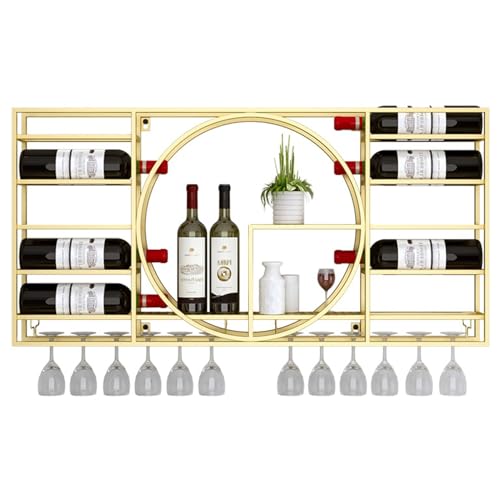 Hängende industrielle runde Weinregale, Weinhalter aus Eisen, moderner multifunktionaler Weinhalter aus Metall for die Küche, das Zuhause, die Bar oder das Café(Gold,100x52x11cm/39x20x4.3in)