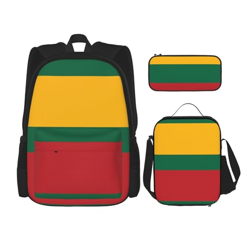 WURTON Schulrucksack-Set mit Litauen-Motiv, 3-in-1, Büchertaschen-Set mit Lunchbox, Federmäppchen, Reise-Laptop-Tagesrucksäcke, Schwarz , Einheitsgröße