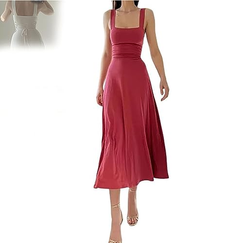 GodbTG New Women's Thick Straps Midi Dress, Women's Thick Straps Dressretch, Summer Women's Thick Strap Slim-fit Waist Dress (Watermelon red,S)