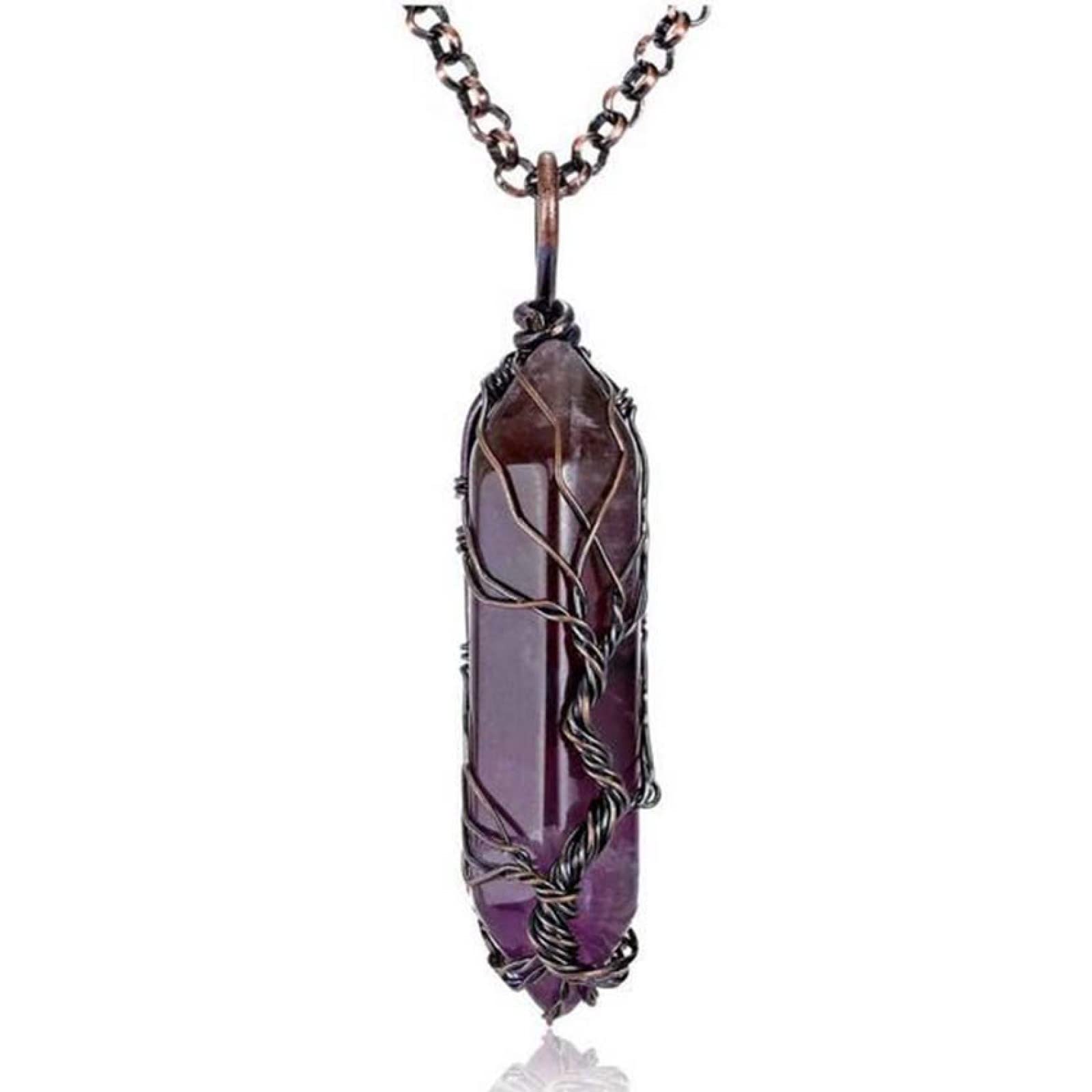 Natürlicher Kristall Quarz Stein Amethysten Reiki Baum des Lebens Hexagon Herz Chakra Stein Anhänger Draht umwickelter Schmuck,Amethyst 24