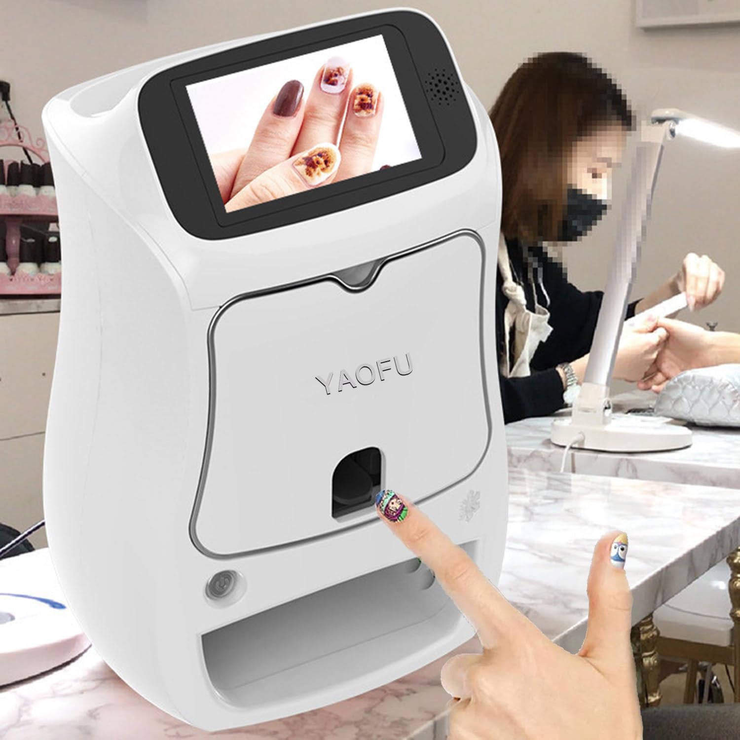 Qiang 3D-Digital-Nagelkunstdruckermaschine,10 Sekunden Schneller Druck, Automatisches DIY-Mobilkunst-Nageldrucktrockner Fingernagel,5-Zoll-Touchscreen,DIY-Mobilkunst-Nagelbilddruckmaschine