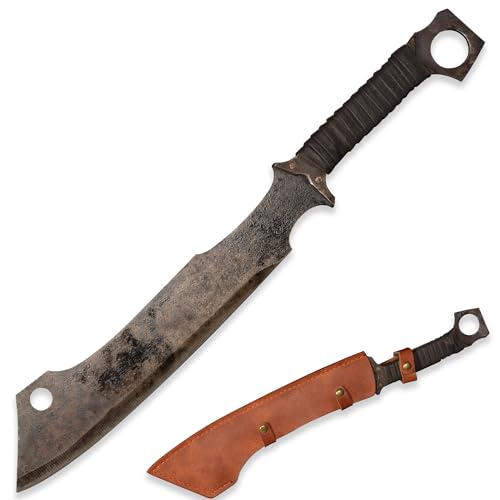 LQZJG 0182 Handgemachte Guss Mangan Stahl 52HRC Machete scharf, Full Tang, Outdoor Wandern, Jagd, Camping, Wandern, Überleben, Lederscheide, 19.9 Zoll