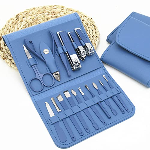 SCRUBY Maniküre-Set, Nagelknipser, Werkzeug, Haushalt, 12/16-teilig, grüner Edelstahl, Ohrlöffel, Nagelschneider, Scheren-Set für Maniküre-Werkzeuge (16 Stück, blau)