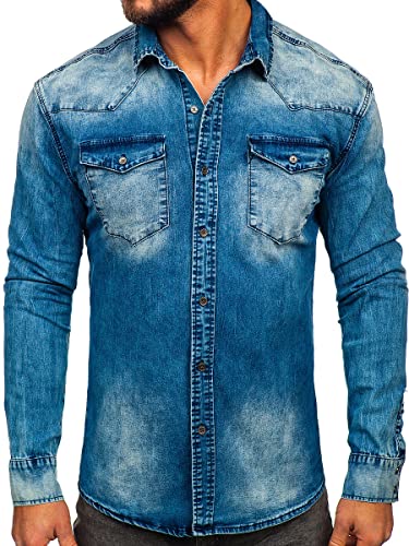 BOLF Herren Jeanshemd Langarm Freizeithemd Langarmhemd Denim Western Denimshirt Bügelleicht Farbwahl Classic Basic Slim Fit Casual Style MC710BS Dunkelblau M [2B2]