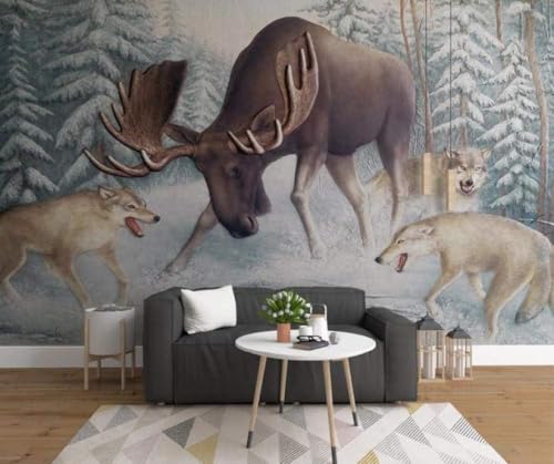 Wald Hirsche Wölfe 3D Tapete Poster Restaurant Schlafzimmer Wohnzimmer Sofa TV Dekorative Wand-400cm×280cm