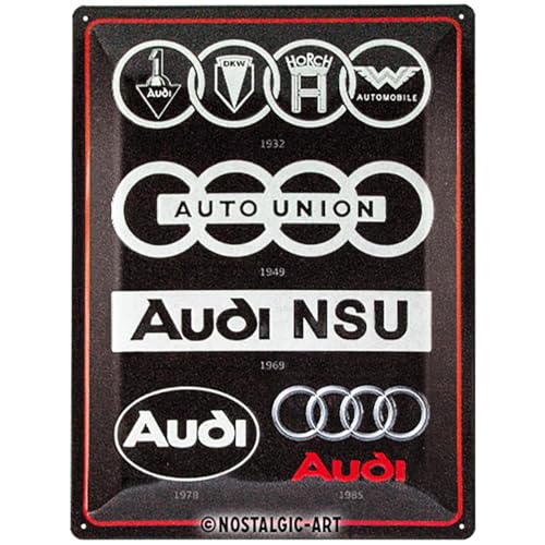 Nostalgic-Art Retro Blechschild Audi – Logo Evolution – Geschenk für Auto Zubehör Fans, aus Metall, Vintage-Design zur Dekoration, 30 x 40 cm