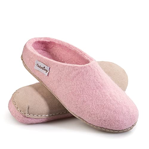 Filz Hausschuhe - Damen Hüttenschuhe mit Ledersohle - Slipper 100% Wolle handgemacht (Rosa, 43 EU, numeric_43)