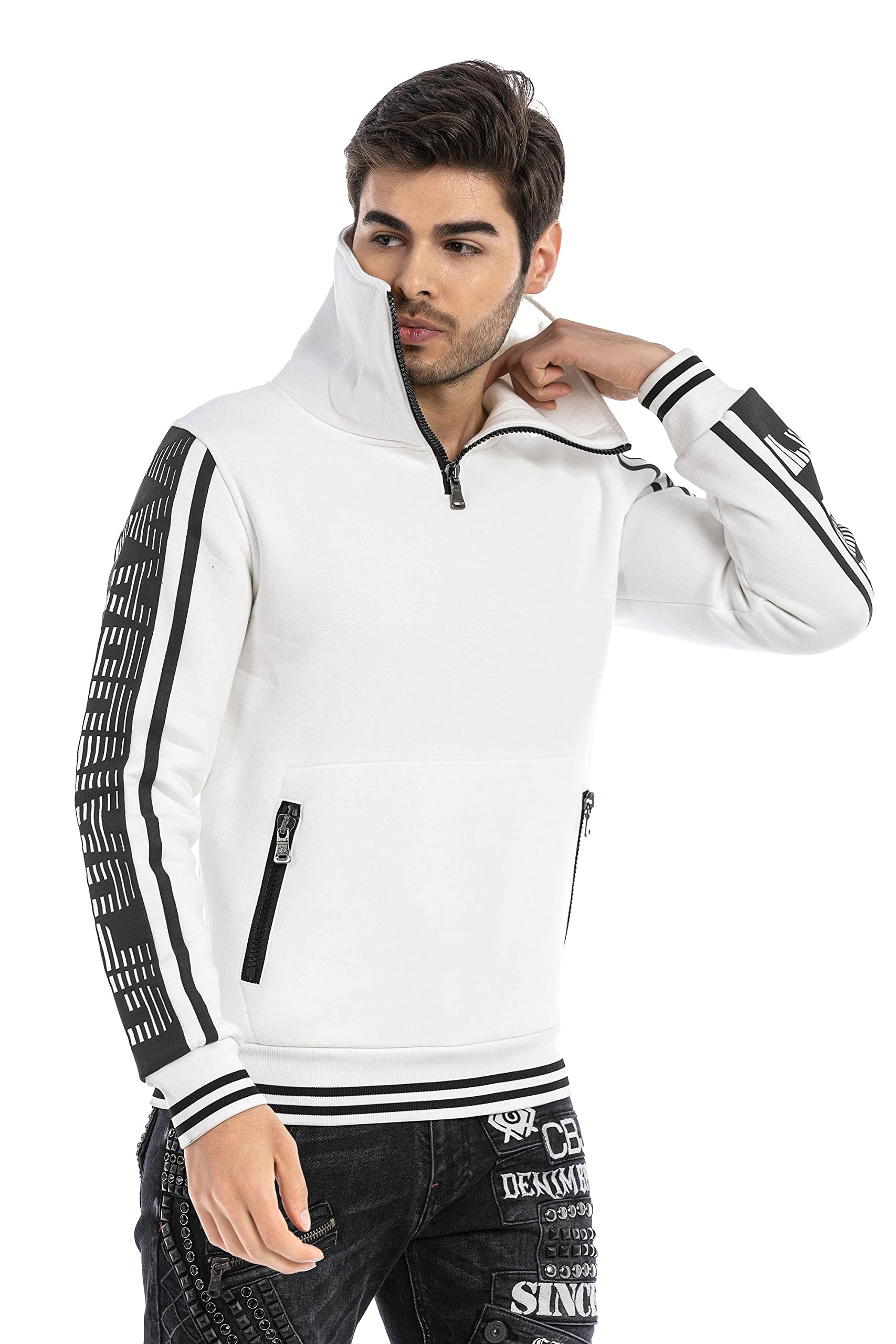 Cipo & Baxx Herren Hoodie Stehkragen Sweatshirt Pullover Sweater Reißverschluss Langarm CL463 Weiß S