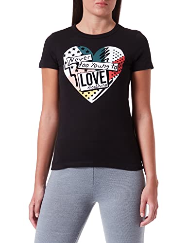 Love Moschino Damen Slim Fit Short Sleeves T-shirt With Patchwork Heart Print T Shirt, Schwarz, 44 EU