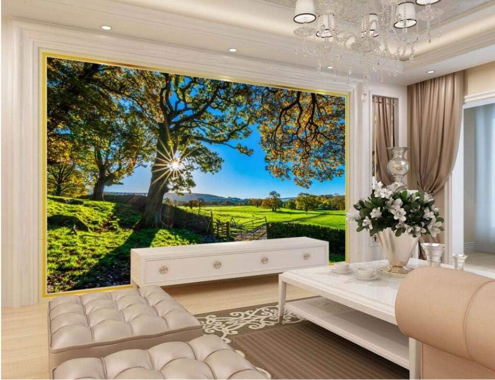 Wiesen Bäume Sonnenschein 3D Tapete Poster Restaurant Schlafzimmer Wohnzimmer Sofa TV Dekorative Wand-250cm×170cm