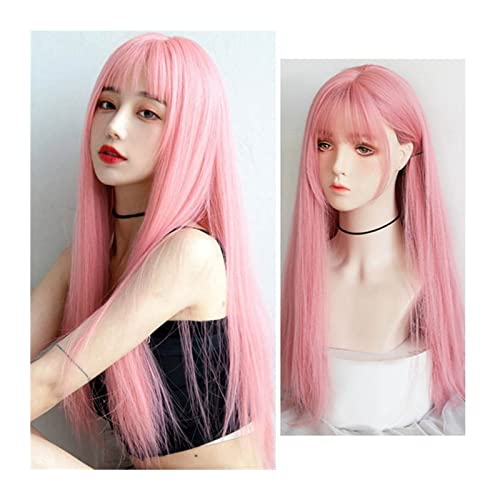 Perücken für Frauen Rosa Perücken, 61 cm, langes glattes Haar, Perücke mit Pony, Damenmode, hitzebeständig, synthetische, natürlich aussehende Perücke for den täglichen Gebrauch auf Cosplay-Partys für