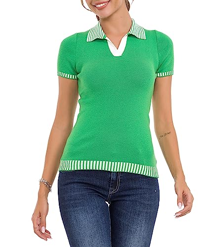 Cipo & Baxx Damen Strick Shirt Polokragen Streifen Kurzarm T-Shirt Tops WT354 Grün XL