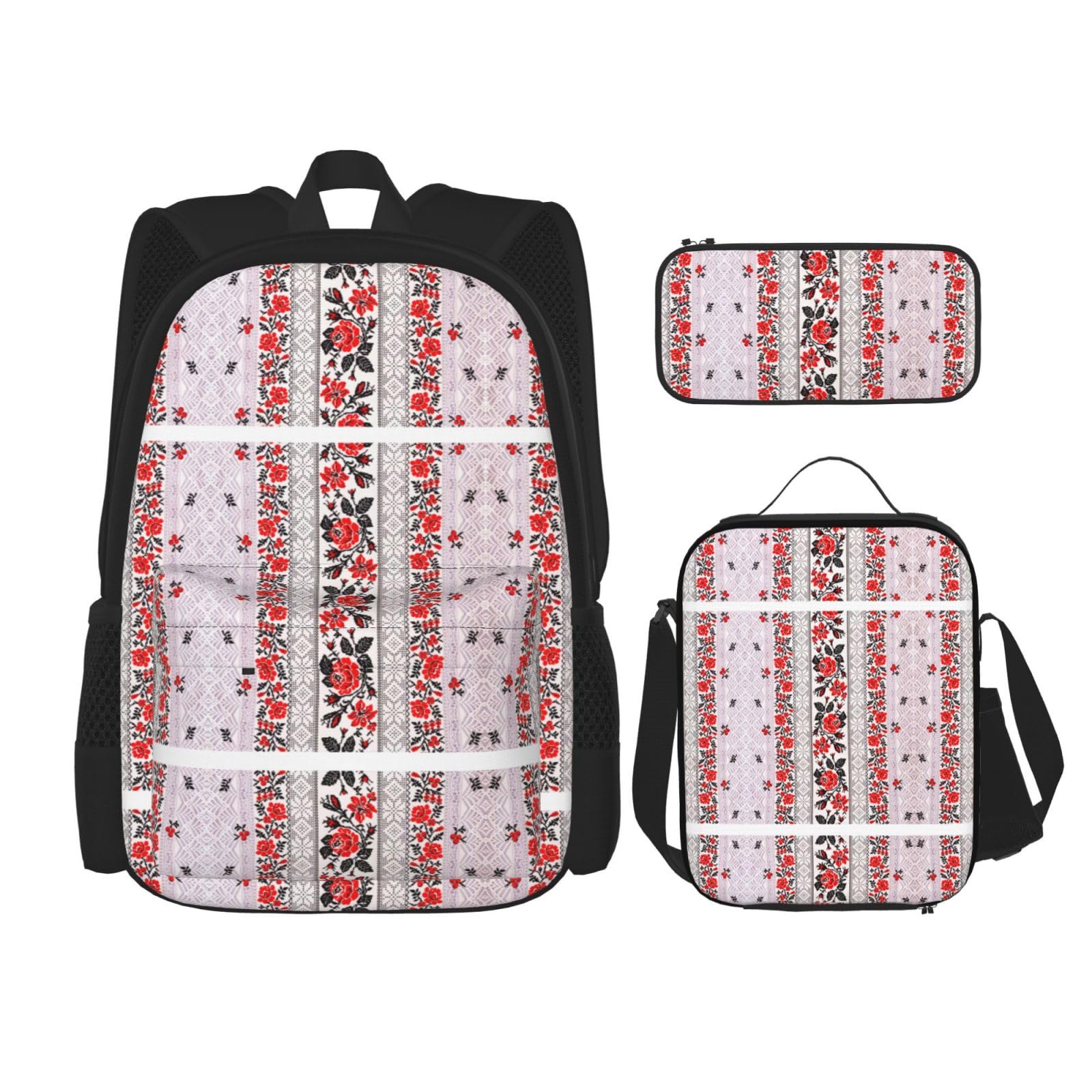 WURTON Ukrainische Stickerei Stil Rose Druck Lunchbox Federmäppchen Rucksack Set 3 Stück Verstellbare Träger Langlebig Leicht, Schwarz, EinheitsgröÃŸe