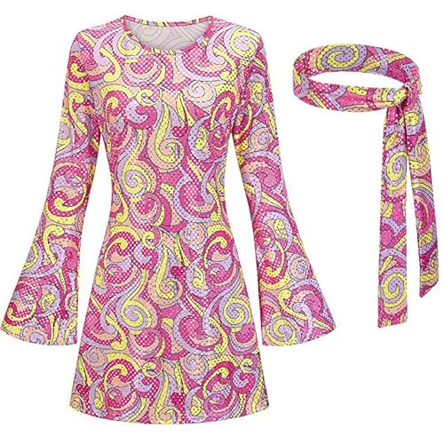 letaofang Damen-Hippie-Kleid, 1970er-Kostüm, mit Halskette, Ohrringen, Sonnenbrille, Disco-Outfit, 1960er-Party-Kostüm, Halloween Retro-Kleid