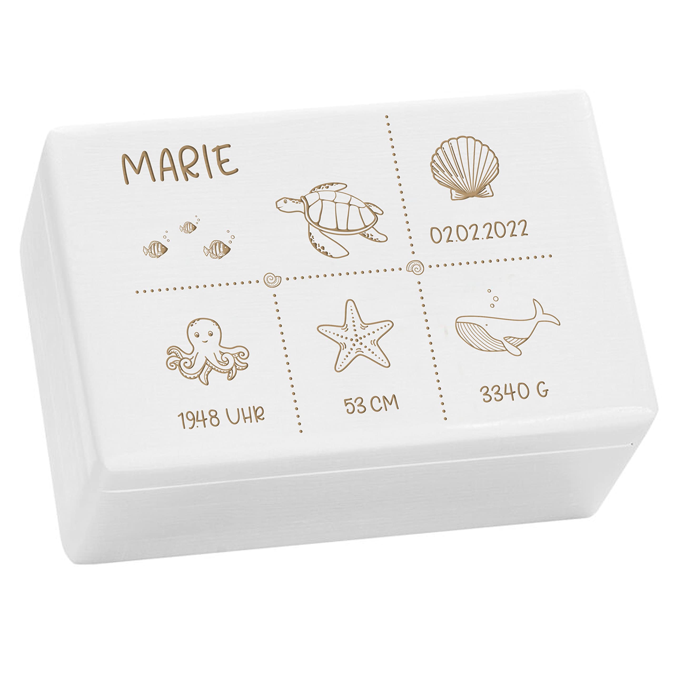 Kekskrone personalisierte Holzkiste mit Deckel - Ocean Serie - Weiß - ca. 30 x 20 x 14 cm - personalisierte Geschenke Baby - Aufbewahrungsbox Kinder - Taufgeschenke für Mädchen