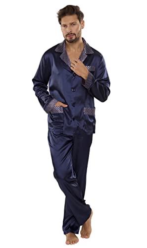 FOREX Lingerie edler und hochwertiger Satin-Pyjama Herren-Schlafanzug Hausanzug im tollen Design, marine, Gr. 3XL