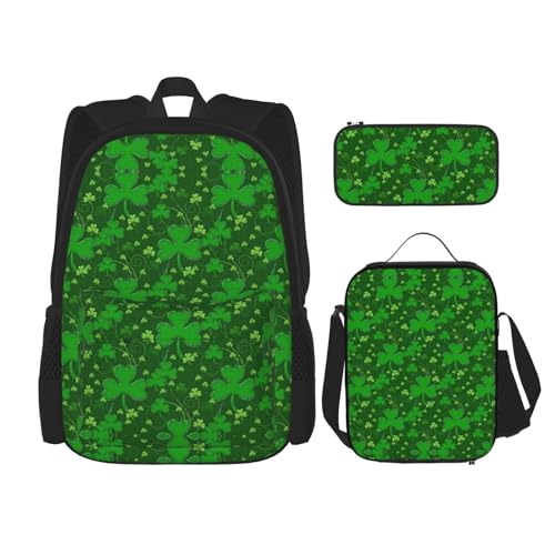 WURTON Hintergrund St. Patrick's Day Glitter Print Schulrucksack 3 in 1 Büchertasche Set mit Lunchbox Federmäppchen Reise Laptop Daypacks